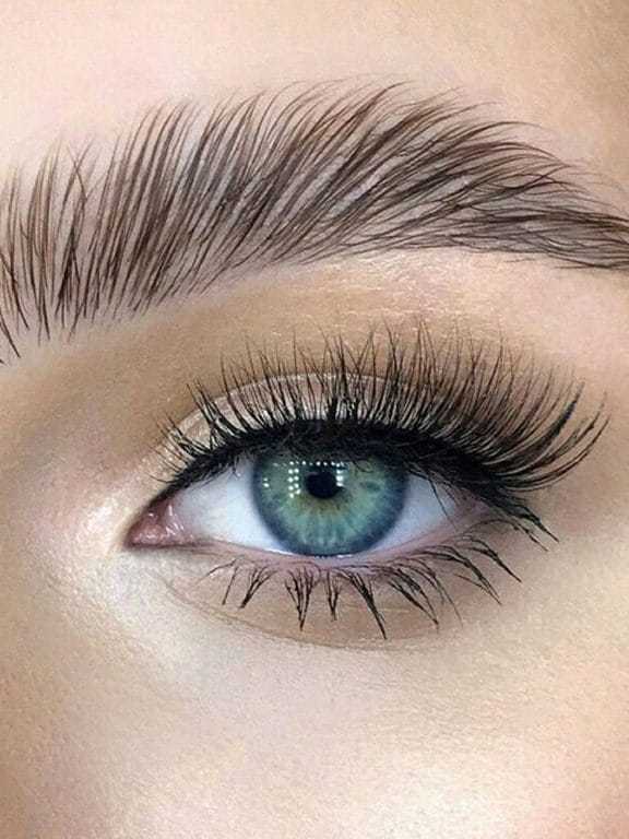 Close-up of a blue eye with long lashes and well-groomed eyebrows.